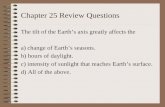 Chapter 25 Review Questions The tilt of the Earth’s axis greatly affects the a) change of Earth’s seasons. b) hours of daylight. c) intensity of sunlight.