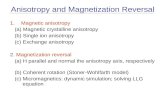 Anisotropy and Magnetization Reversal 1.Magnetic anisotropy (a) Magnetic crystalline anisotropy (b) Single ion anisotropy (c) Exchange anisotropy 2. Magnetization