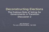 Deconstructing Elections The Dubious Role of Voting for Governments in Transition Discussion 2 Ben Shanbaum The Law of Nationbuilding – Fall 2006.
