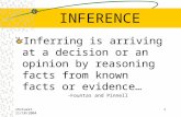Shstuart 11/10/20041 INFERENCE Inferring is arriving at a decision or an opinion by reasoning facts from known facts or evidence… -Fountas and Pinnell.