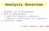 1 L. Köpke, Berkeley, March 2005  Summary of achievements  Who is doing what: specific physics analysis central activities for analyses  Priority items.