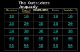 The Outsiders Jeopardy Round One CharactersThemes & Symbols VocabularyEventsVocabulary 2 10 20 30 40 50.