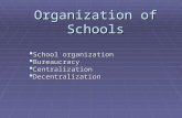 Organization of Schools  School organization  Bureaucracy  Centralization  Decentralization.