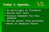 Today’s Agenda…  No bellringer or flashback  Review Unit Tests  Discuss homework for this weekend  Review packet from yesterday  Notes on Seedless.
