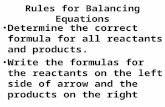Rules for Balancing Equations Determine the correct formula for all reactants and products. Write the formulas for the reactants on the left side of arrow.