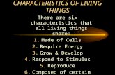 CHARACTERISTICS OF LIVING THINGS There are six characteristics that all living things share: 1.Made of Cells 2.Require Energy 3.Grow & Develop 4.Respond.