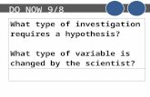 DO NOW 9/8 What type of investigation requires a hypothesis? What type of variable is changed by the scientist?