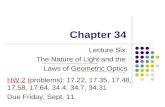 Chapter 34 Lecture Six: The Nature of Light and the Laws of Geometric Optics HW 2 (problems): 17.22, 17.35, 17.48, 17.58, 17.64, 34.4, 34.7, 34.31 Due.