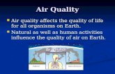 Air Quality Air quality affects the quality of life for all organisms on Earth. Air quality affects the quality of life for all organisms on Earth. Natural.