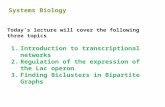 1.Introduction to transcriptional networks 2.Regulation of the expression of the Lac operon 3.Finding Biclusters in Bipartite Graphs Today’s lecture will.