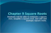 Students will be able to estimate a square root, simplify a square root, and add and multiply square roots.