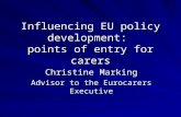 Influencing EU policy development: points of entry for carers Christine Marking Advisor to the Eurocarers Executive.