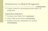 1 Interactive vs Batch Programs Cobol suited for developing both types of programs Interactive programs Accept input data from keyboard Input data processed.