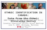 Statistics Canada Statistique Canada ETHNIC IDENTIFICATION IN CANADA: Data from the Ethnic Diversity Survey Jennifer Chard & Jane Badets 2004 Congress.