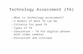 Technology Assessment (TA) –What is technology assessment? –2 models of what TA can be –Criteria for good TA –Types of TA –Simulation – TA for digital.