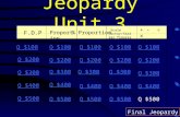 Jeopardy Unit 3 F.D.P Proportion% Proportion Scale factor/Similar figures + -  x Decimals Q $100 Q $200 Q $300 Q $400 Q $500 Q $100 Q $200 Q $300 Q $400.