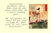 Konnichiwa! BellWork: Write down your HW and clear your desk for a quick reading quiz. HW: Assignment #2, Chart #2 and read to page 95. Next class is full.