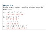 Warm Up Order each set of numbers from least to greatest. 1. 10, 10, 10, 10 2. 8, 8, 8, 8 3. 2, 2, 2, 2 4. 5.2, 5.2, 5.2, 5.2 04 –1 –2 10, 10, 10, 10 40.