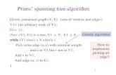 Prims’ spanning tree algorithm Given: connected graph (V, E) (sets of vertices and edges) V1= {an arbitrary node of V}; E1= {}; //inv: (V1, E1) is a tree,