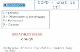 COPD - what is it? C = Chronic O = Obstruction of the airways P = Pulmonary D = Disease Emphysema, Chronic bronchitis, smokers lung, ‘Asthma’ BREATHLESSNESS.