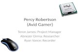 Percy Robertson (Avid Gamer) Teron James: Project Manager Abnezer Girma: Researcher Ryan Vance: Recorder.