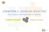 1 CHAPTER 3 LEXICAL ANALYSIS Sequence of tokens Sequence of characters From: Chapter 3, The Dragon Book and Qin book.