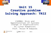 University of Sunderland CSEM04 ROSCO Unit 15 Unit 15 Creative problem Solving Approach: TRIZ CSEM04: Risk and Opportunities of Systems Change in Organisations.