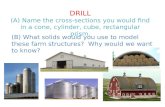 DRILL (A) Name the cross-sections you would find in a cone, cylinder, cube, rectangular prism. (B) What solids would you use to model these farm structures?
