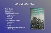 World War Two Two Sides Beginning Significant Events –Maginot Line –Blitzkrieg –Dunkirk –The Battle of Britain –Holocaust –French –D-Day –Significant Characteristics