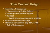 The Terror Reign Maximilian Robespierre “Committee of Public Safety” Getting rid of the old regime Radical Went from one extreme to another Increase in.