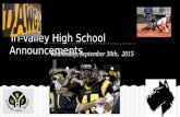 Tri-Valley High School Announcements Wednesday, September 30th, 2015.