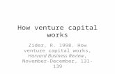 How venture capital works Zider, R. 1998. How venture capital works, Harvard Business Review, November-December, 131-139.