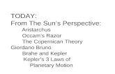TODAY: From The Sun’s Perspective: Aristarchus Occam’s Razor The Copernican Theory Giordano Bruno Brahe and Kepler Kepler’s 3 Laws of Planetary Motion.