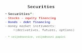 Securities Securities*: -Stocks – equity financing -Bonds – debt financing -money market instruments: (derivatives, futures, options) -* vrijednosnice,