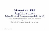 July 16, 20031 Diameter EAP Application (draft-ietf-aaa-eap-02.txt) Jari.Arkko@ericsson.com on behalf of... Pasi.Eronen@nokia.com.