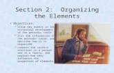 Section 2: Organizing the Elements Objectives: state key events in the historical development of the periodic table list the information in the periodic.