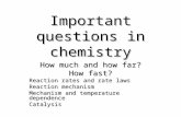 Important questions in chemistry How much and how far? How fast? Reaction rates and rate laws Reaction mechanism Mechanism and temperature dependence Catalysis.