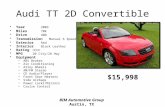 Audi TT 2D Convertible Year 2003 Miles 70K Drive 4WD Transmission Manual 6 Speed Exterior Red Interior Black Leather Rating  MPG 20 City/28 Hwy Equipment.