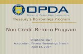 Treasury’s Borrowings Program Non-Credit Reform Program Stephanie Blair Accountant, Federal Borrowings Branch April 12, 2007.