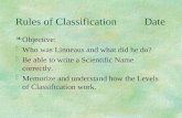 Rules of Classification Date §Objective: §Who was Linneaus and what did he do? §Be able to write a Scientific Name correctly. §Memorize and understand.