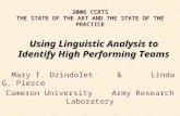Using Linguistic Analysis to Identify High Performing Teams Mary T. Dzindolet & Linda G. Pierce Cameron University Army Research Laboratory 2006 CCRTS.