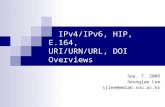 IPv4/IPv6, HIP, E.164, URI/URN/URL, DOI Overviews Sep. 7. 2005 Seungjae Lee sjlee@mmlab.snu.ac.kr.