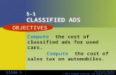 Financial Algebra © 2011 Cengage Learning. All Rights Reserved. Slide 1 5-1 CLASSIFIED ADS Compute the cost of classified ads for used cars. Compute the.