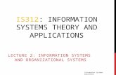 IS312: INFORMATION SYSTEMS THEORY AND APPLICATIONS LECTURE 2: INFORMATION SYSTEMS AND ORGANIZATIONAL SYSTEMS Information Systems Department.