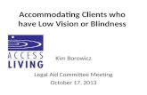 Accommodating Clients who have Low Vision or Blindness Kim Borowicz Legal Aid Committee Meeting October 17, 2013.