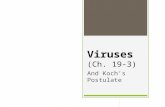 Viruses (Ch. 19-3) And Koch’s Postulate. I.What is a Virus? A.Virus – particle of nucleic acid, protein, & sometimes lipids that only reproduce by infecting.