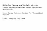 M/String Theory and Collider physics -- string phenomenology, higgs physics, superpartner spectrum, etc Gordy Kane, Michigan Center for Theoretical Physics.