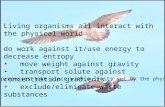 Living organisms all interact with the physical world do work against it/use energy to decrease entropy move weight against gravity transport solute against.