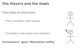 The Players and the Goals Two types of consumers Non-smokers (eat pizza) Smokers (eat pizza and smoke) Consumers’ goal: Maximize utility.