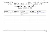 Doc.: IEEE 802.11-15/0204r1 Submission January 2015 Dorothy Stanley, Aruba Networks Jan 2015 China Interim WG agenda materials Date: 2015-01-22 Authors: